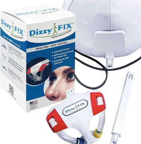 DizzyFIX vertigo exercise trainer kit with box, cap attachment, and tubing for BPPV relief.