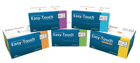 Easy Touch insulin syringe boxes in assorted gauge sizes and colors for medical use