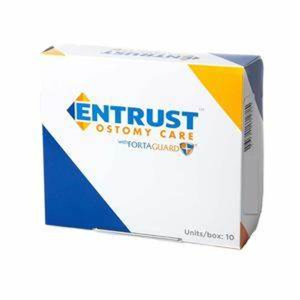 Entrust Ostomy Care product box with blue and yellow design for medical supply home delivery