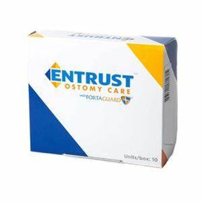 Entrust Ostomy Care product box with blue and yellow design for medical supply home delivery