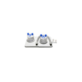Medical suction canister kit with two clear canisters, blue lids, tubing, and accessories