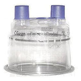 Clear plastic medical filter with purple ports for respiratory support equipment
