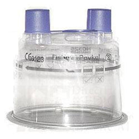 Clear plastic medical filter with purple ports for respiratory support equipment