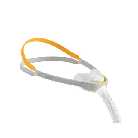Nasal CPAP mask with gray and yellow headgear and white hose on white background