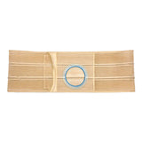 Beige medical support belt with circular stoma opening for ostomy care