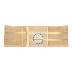 Beige medical support belt with circular stoma opening for ostomy care