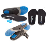 Vibrating shoe insoles with blue and black design, USB charging cable, and remote control.