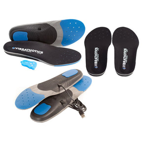 Vibrating shoe insoles with blue and black design, USB charging cable, and remote control.