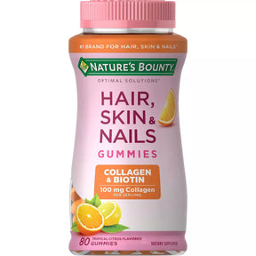 Nature's Bounty Hair, Skin & Nails gummies bottle with collagen, biotin, citrus flavor.