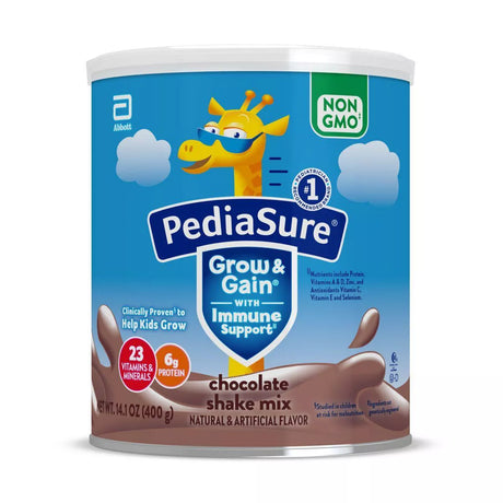 PediaSure Grow & Gain chocolate shake mix canister with giraffe mascot on blue label