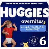 Huggies Overnites size 6 diapers box with sleeping baby, 42 count, all-night protection