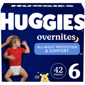 Huggies Overnites size 6 diapers box with sleeping baby, 42 count, all-night protection
