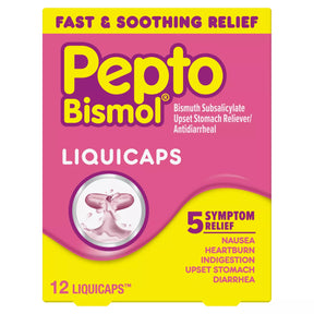 Pepto Bismol Liquicaps 12-count box for upset stomach, nausea, heartburn, indigestion relief.