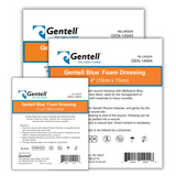 Gentell Blue Foam Dressing product packaging in multiple sizes for wound care supplies