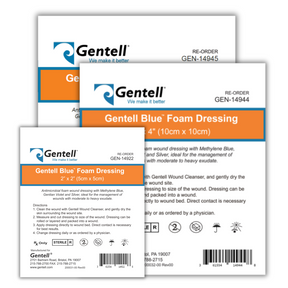 Gentell Blue Foam Dressing product packaging in multiple sizes for wound care supplies