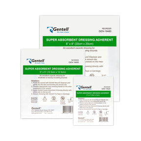 Super absorbent adherent wound dressing packages in three sizes, labeled for wound care.