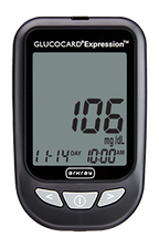 Glucose meter displaying blood sugar reading of 106 mg/dL on digital screen