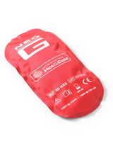 Red reusable hot and cold gel pack with printed instructions for pain relief and injury therapy.