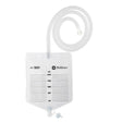 Medical drainage bag with measurement markings and flexible tube, suitable for home healthcare.