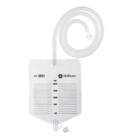 Medical drainage bag with measurement markings and flexible tube, suitable for home healthcare.