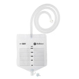 Medical drainage bag with measurement markings and flexible tube, suitable for home healthcare.