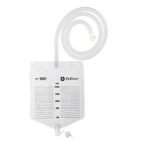 Medical drainage bag with measurement markings and flexible tube, suitable for home healthcare.
