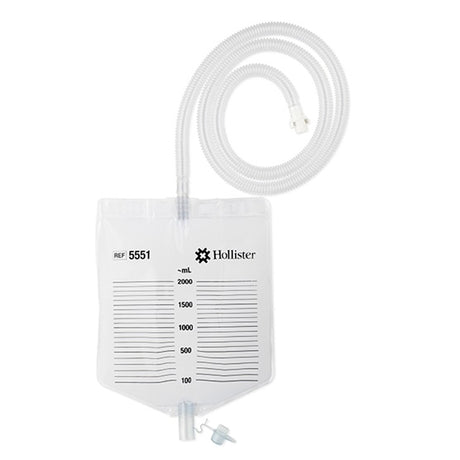 Medical drainage bag with measurement markings and flexible tube, suitable for home healthcare.
