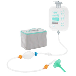 Home medical irrigation kit with water reservoir, storage bag, tubing, and green funnel.