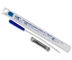 8 Fr hydrophilic pediatric catheter with blue handle and sealed packaging, 10 inch length