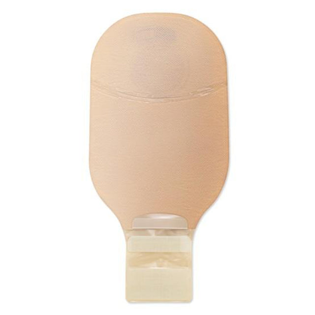 Beige drainable ostomy pouch with closure, medical supply on white background