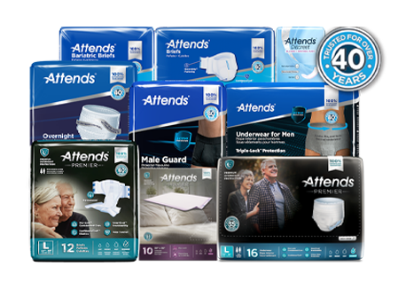 Assorted incontinence products including adult diapers, briefs, pads, and protective underwear