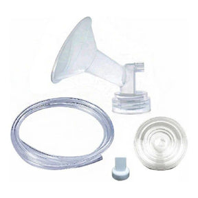Medical-grade breast pump accessories kit with tubing, flange, valve, and membrane on white background.