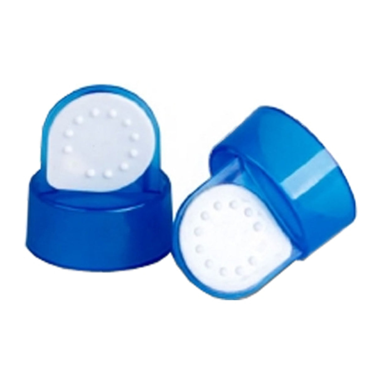 Pair of blue plastic medical bottle caps with white puncture seals, close-up view