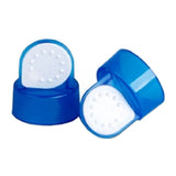 Pair of blue plastic medical bottle caps with white puncture seals, close-up view