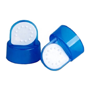 Pair of blue plastic medical bottle caps with white puncture seals, close-up view