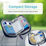 Compact medical storage case with mesh pockets and elastic straps for organizing medication.