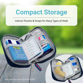 Compact medical storage case with mesh pockets and elastic straps for organizing medication.