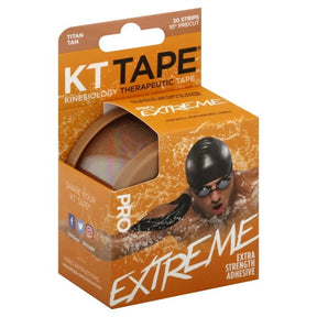 KT Tape Pro Extreme synthetic tan kinesiology tape box with swimmer image and 20 precut strips