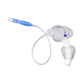 Flexible tracheostomy tube with cuff and blue connector for respiratory support