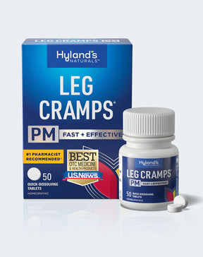 Leg cramps relief PM tablets bottle and carton, 50 homeopathic quick-dissolving tablets
