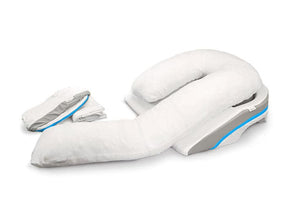 Supportive white body pillow with wedge and two folded covers for comfort and medical care
