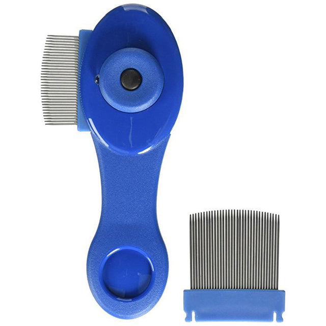 Blue lighted lice comb with fine metal teeth and extra detachable comb for hair care