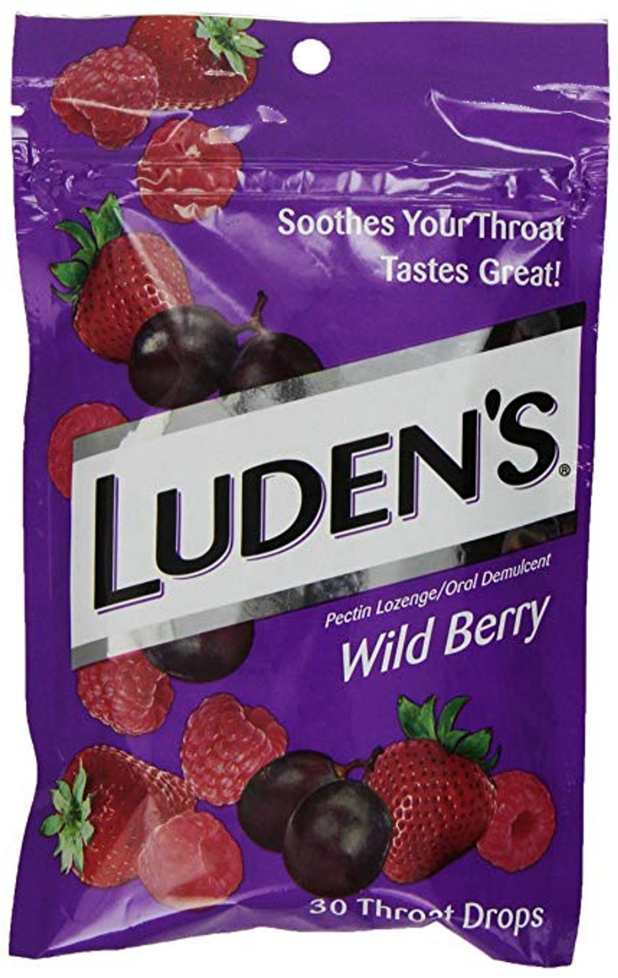 Luden's Wild Berry Throat Drops package with berries on a purple background, 30 drops