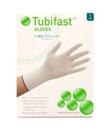 Tubifast gloves packaging for medical dressing retention, white stretch glove on box