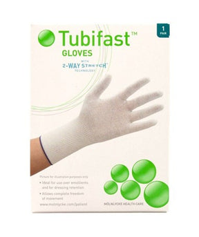 Tubifast gloves packaging for medical dressing retention, white stretch glove on box