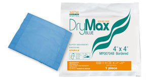 4x4 inch DryMax Blue sterile super absorbent wound dressing and packaging