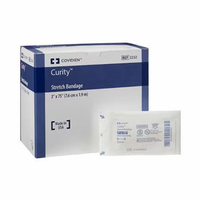 Box and packet of Covidien Curity stretch bandage, 3 inch x 75 inch, sterile medical supply