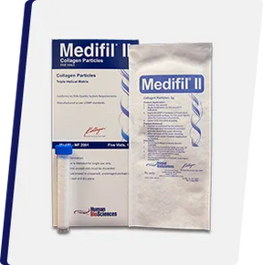 Medifil II collagen particles wound care packaging with vial and instruction insert