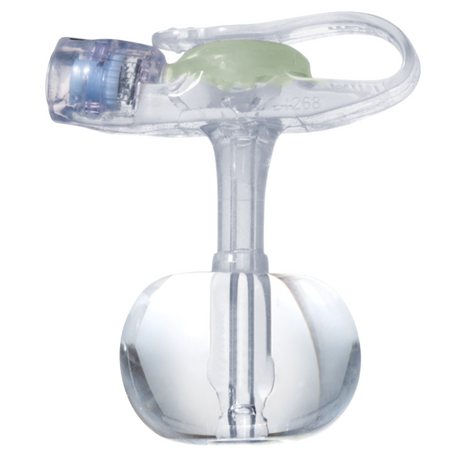 Clear medical feeding tube with balloon for enteral nutrition, close-up view