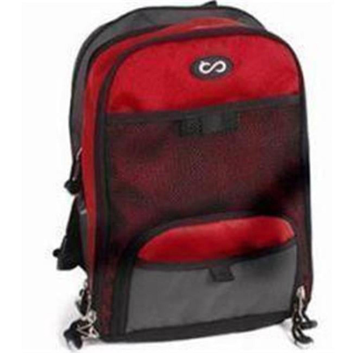 Red and black mini backpack with mesh pocket, designed for medical pump transport.